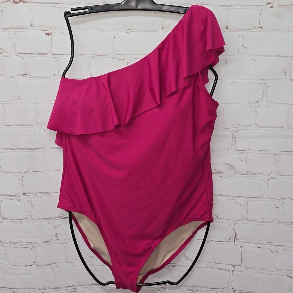 Kona Sol One Piece Swimsuit Ruffle One Shoulder Full Coverage Seat Hot Pink - Picture 1 of 15